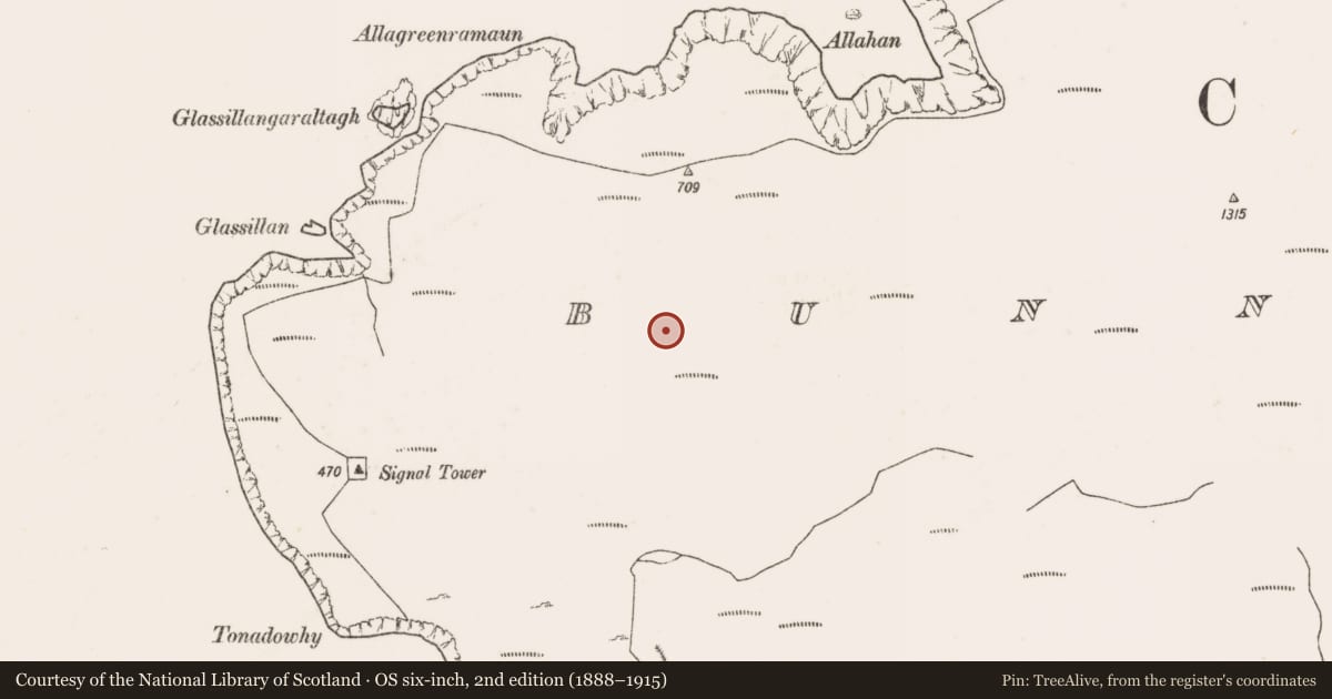 Ordnance Survey six-inch map, 2nd edition (1888–1915) covering the location of Cairn - unclassified, Bunnamohaun, County Mayo, with a pin at the register's coordinates