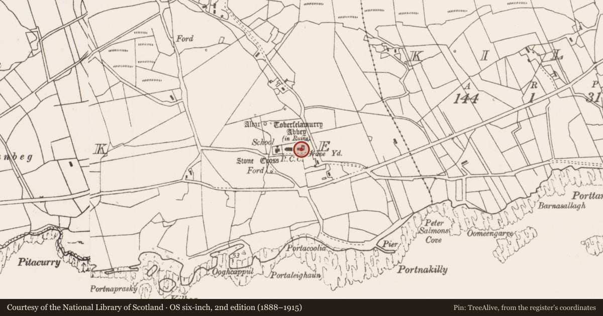 Ordnance Survey six-inch map, 2nd edition (1888–1915) covering the location of Religious house - Cistercian monks, Strake, County Mayo, with a pin at the register's coordinates