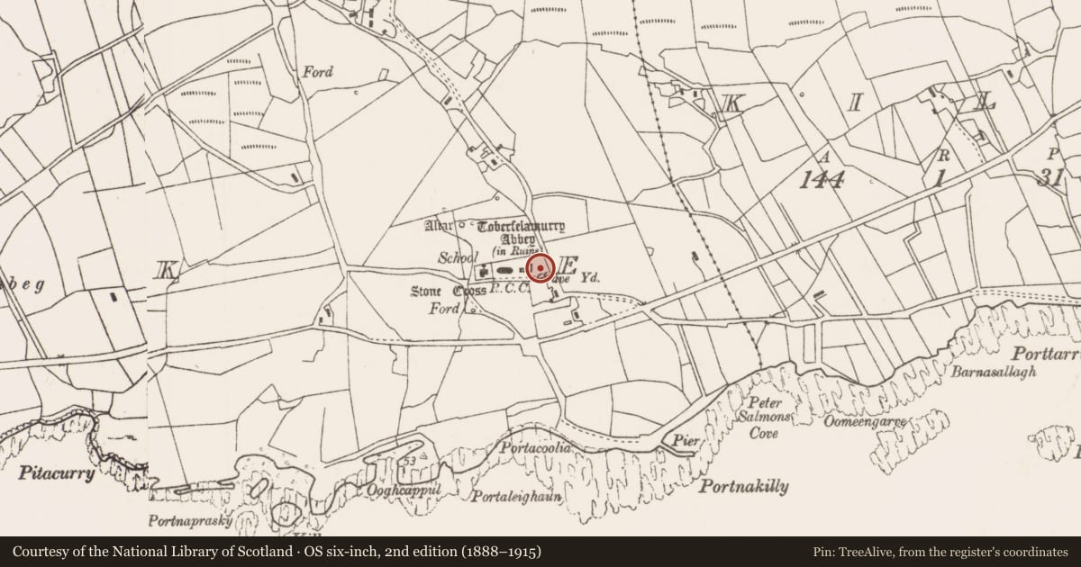 Ordnance Survey six-inch map, 2nd edition (1888–1915) covering the location of Cross-inscribed pillar, Strake, County Mayo, with a pin at the register's coordinates