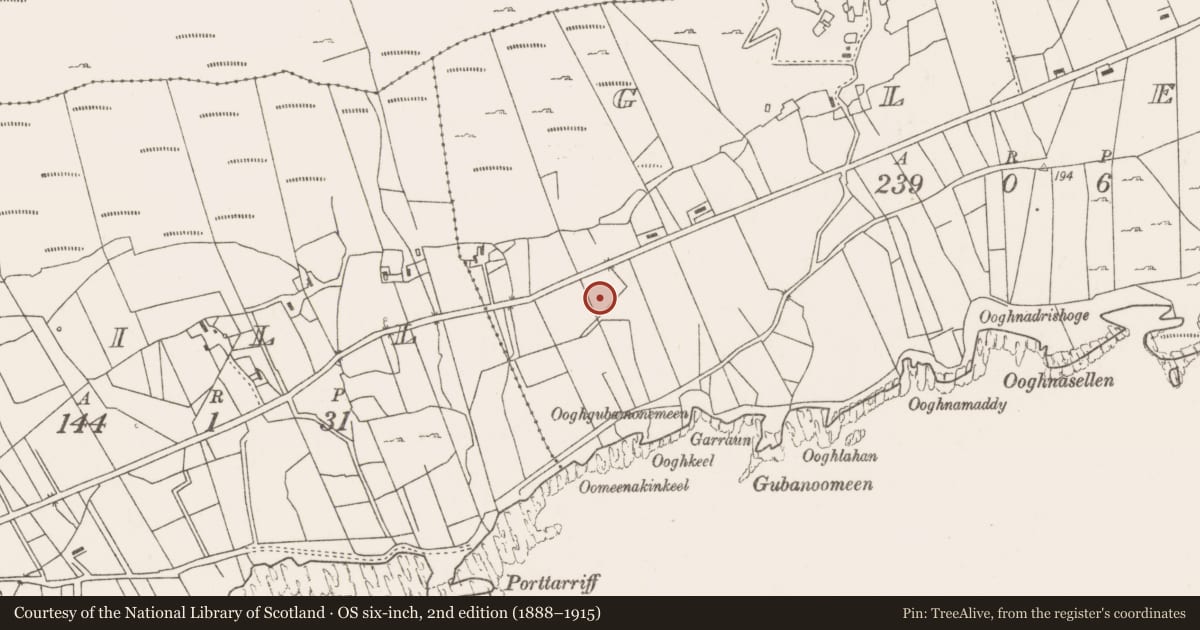 Ordnance Survey six-inch map, 2nd edition (1888–1915) covering the location of Fulacht fia, Glen, County Mayo, with a pin at the register's coordinates