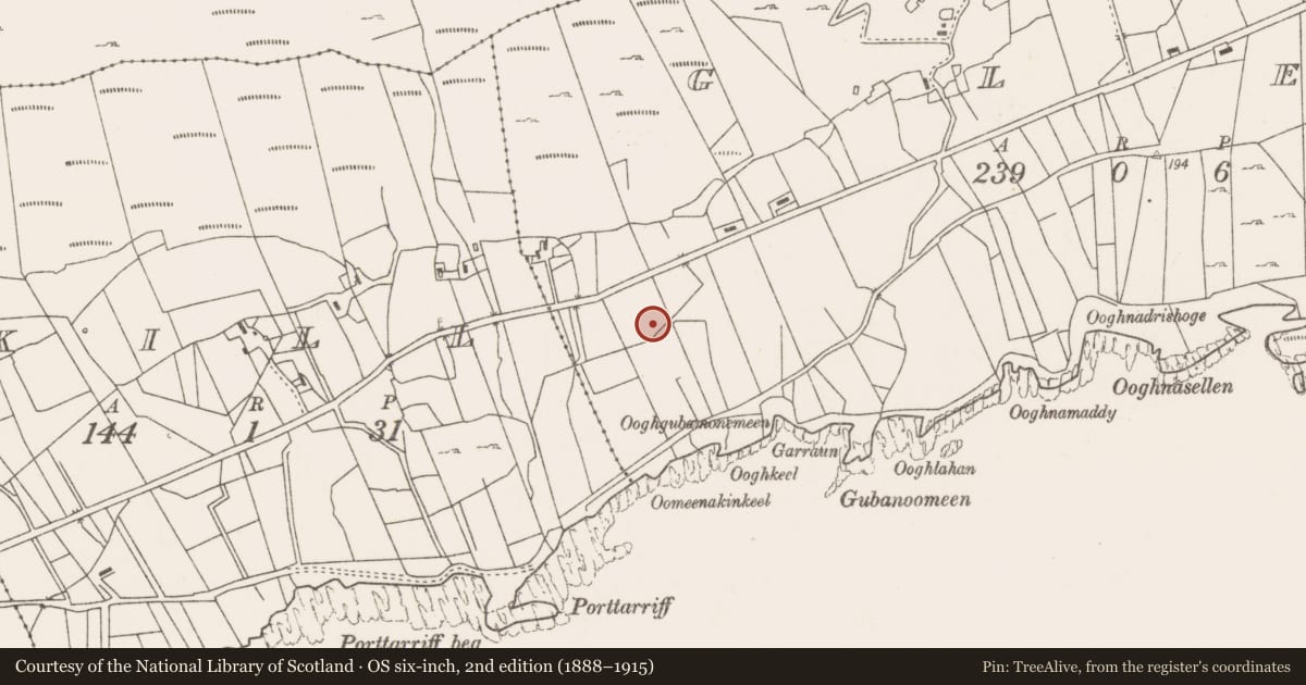 Ordnance Survey six-inch map, 2nd edition (1888–1915) covering the location of Fulacht fia, Glen, County Mayo, with a pin at the register's coordinates