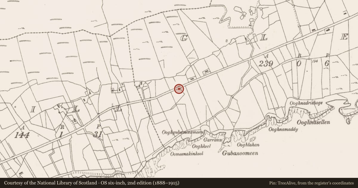 Ordnance Survey six-inch map, 2nd edition (1888–1915) covering the location of Fulacht fia, Glen, County Mayo, with a pin at the register's coordinates
