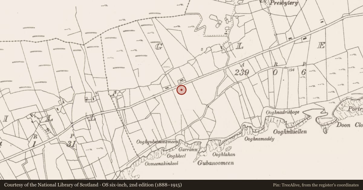 Ordnance Survey six-inch map, 2nd edition (1888–1915) covering the location of Fulacht fia, Glen, County Mayo, with a pin at the register's coordinates