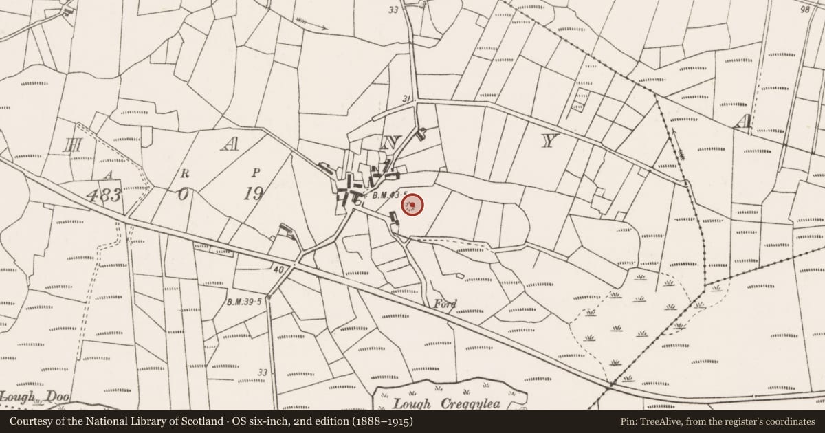 Ordnance Survey six-inch map, 2nd edition (1888–1915) covering the location of House - indeterminate date, Aghany, County Mayo, with a pin at the register's coordinates