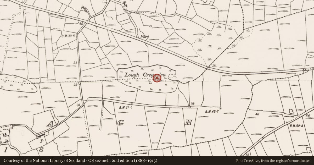 Ordnance Survey six-inch map, 2nd edition (1888–1915) covering the location of Crannog, Aghany, Emlagh, County Mayo, with a pin at the register's coordinates