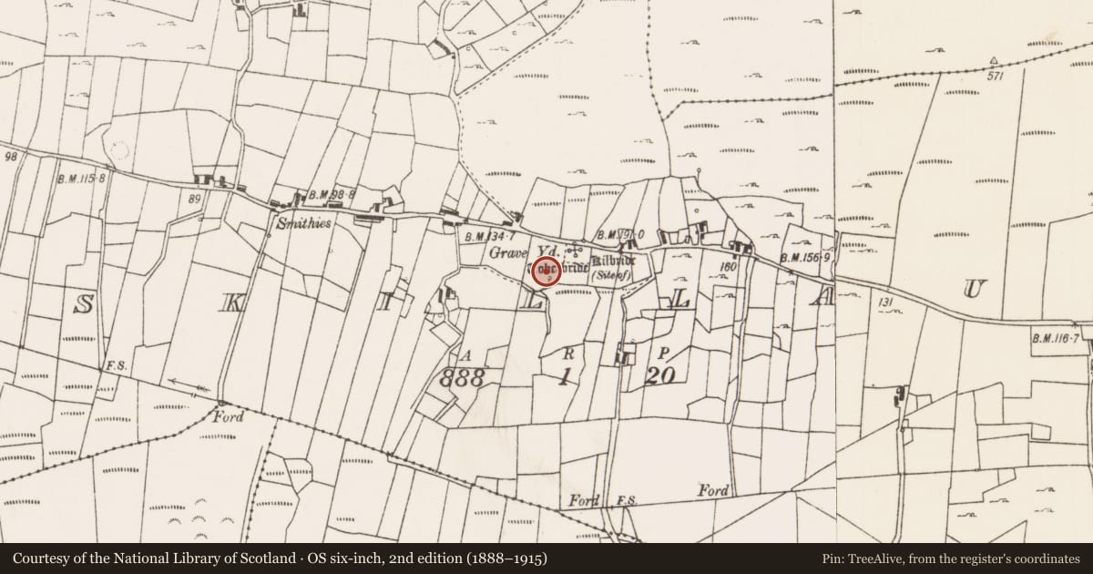 Ordnance Survey six-inch map, 2nd edition (1888–1915) covering the location of Ritual site - holy well, Askillaun, County Mayo, with a pin at the register's coordinates