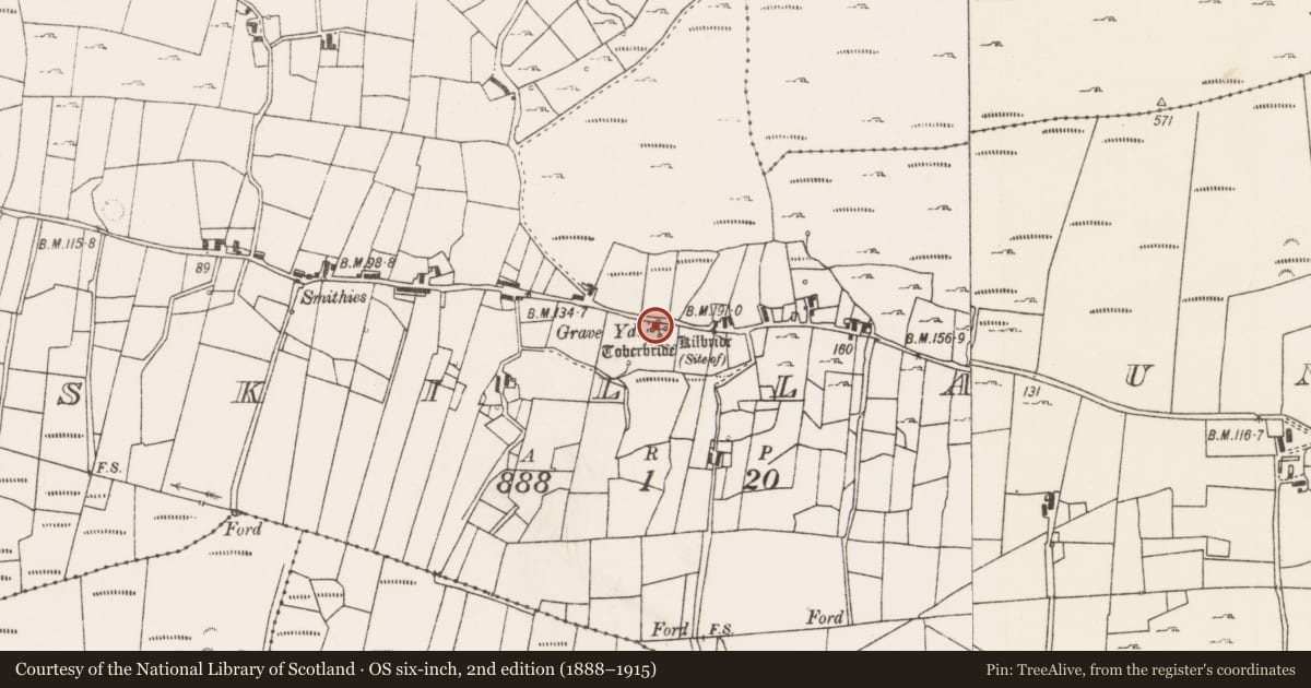 Ordnance Survey six-inch map, 2nd edition (1888–1915) covering the location of Children's burial ground, Askillaun, County Mayo, with a pin at the register's coordinates