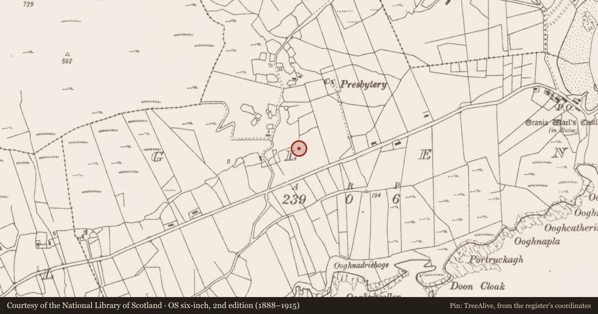 Ordnance Survey six-inch map, 2nd edition (1888–1915) covering the location of Burial ground, Glen, County Mayo, with a pin at the register's coordinates
