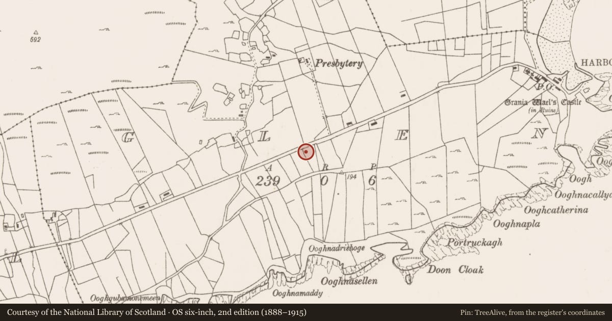Ordnance Survey six-inch map, 2nd edition (1888–1915) covering the location of Fulacht fia, Glen, County Mayo, with a pin at the register's coordinates