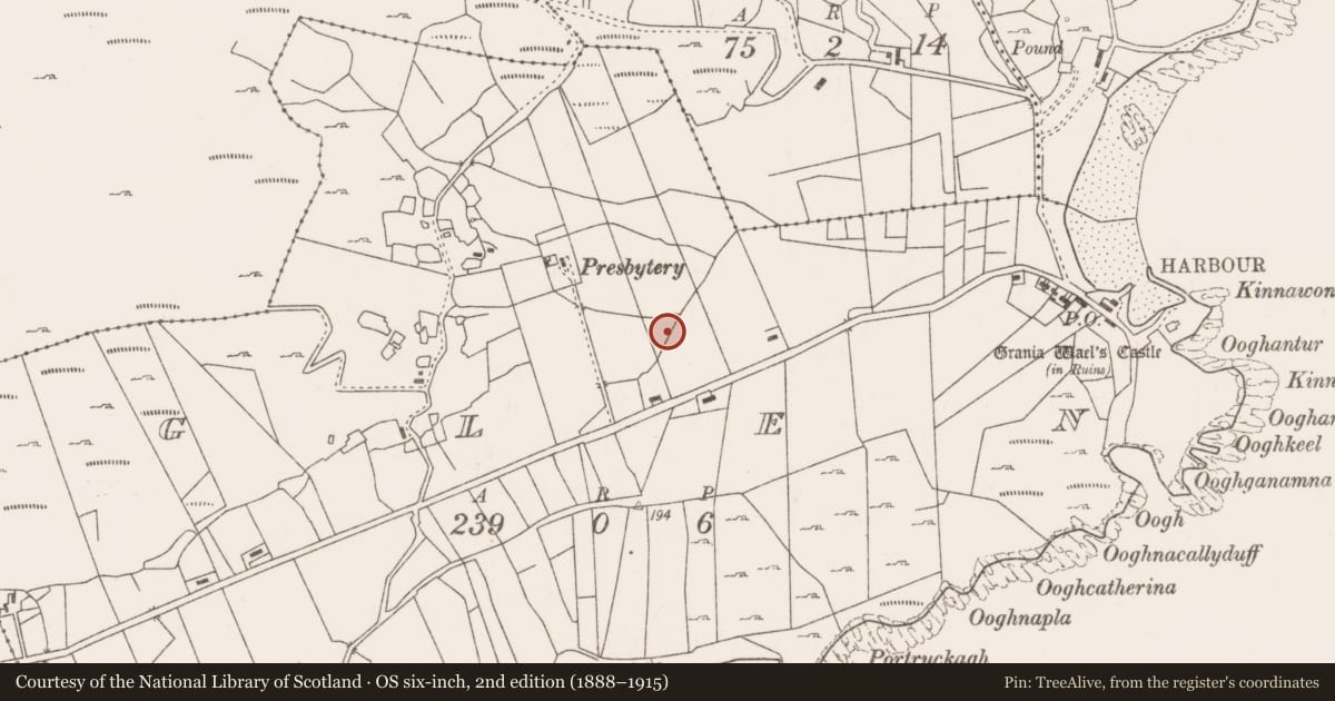 Ordnance Survey six-inch map, 2nd edition (1888–1915) covering the location of Fulacht fia, Glen, County Mayo, with a pin at the register's coordinates