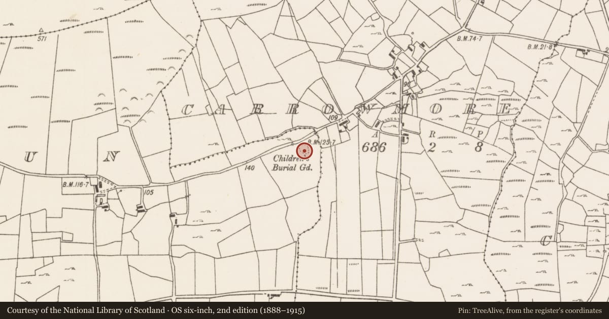 Ordnance Survey six-inch map, 2nd edition (1888–1915) covering the location of Children's burial ground, Askillaun, County Mayo, with a pin at the register's coordinates
