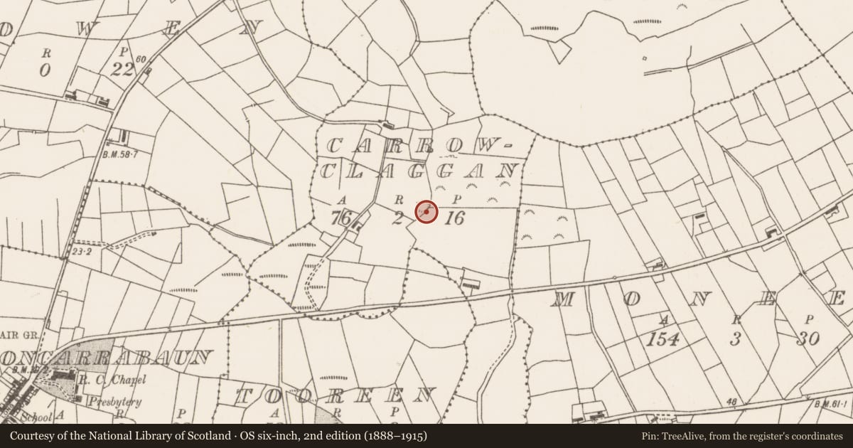 Ordnance Survey six-inch map, 2nd edition (1888–1915) covering the location of Enclosure, Carrowclaggan, County Mayo, with a pin at the register's coordinates