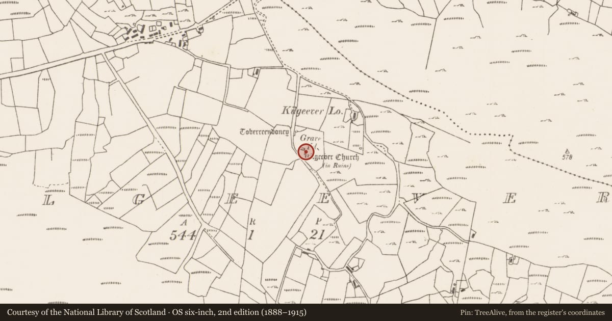 Ordnance Survey six-inch map, 2nd edition (1888–1915) covering the location of Church, Kilgeever, County Mayo, with a pin at the register's coordinates