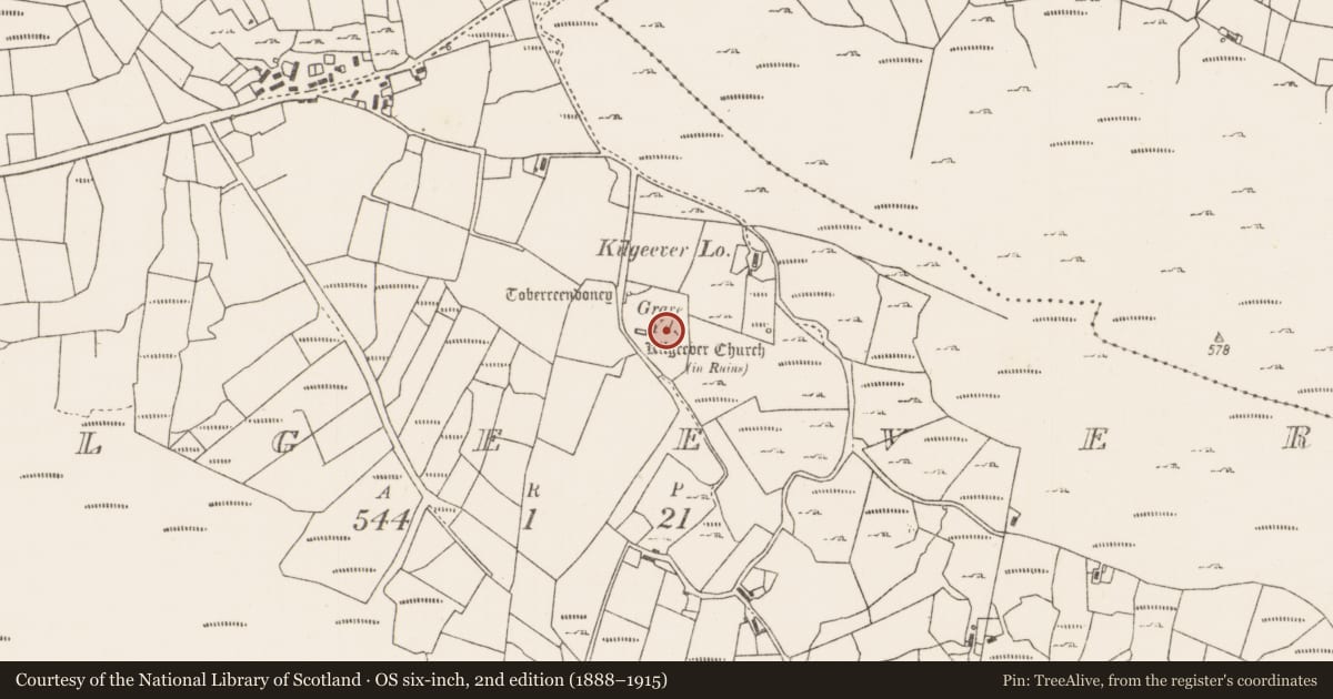 Ordnance Survey six-inch map, 2nd edition (1888–1915) covering the location of Graveyard, Kilgeever, County Mayo, with a pin at the register's coordinates