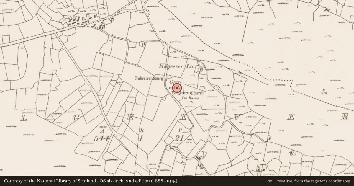 Ordnance Survey six-inch map, 2nd edition (1888–1915) covering the location of Cross-slab, Kilgeever, County Mayo, with a pin at the register's coordinates