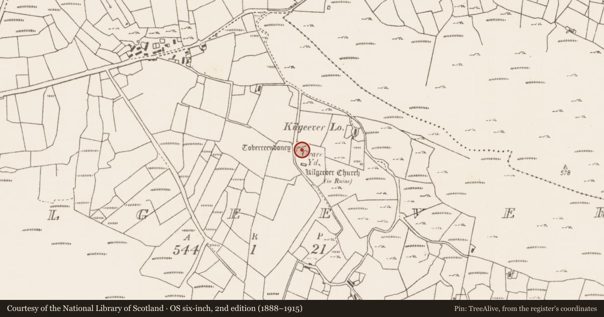 Ordnance Survey six-inch map, 2nd edition (1888–1915) covering the location of Ritual site - holy well, Kilgeever, County Mayo, with a pin at the register's coordinates