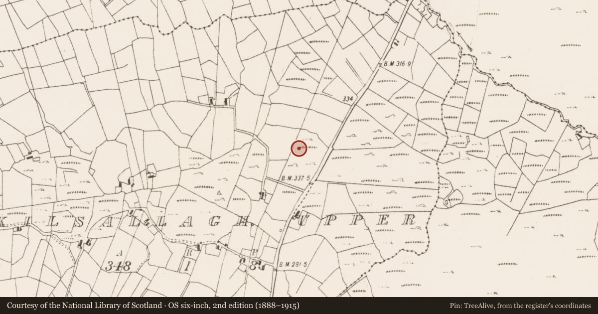 Ordnance Survey six-inch map, 2nd edition (1888–1915) covering the location of Field boundary, Kilsallagh Upper, County Mayo, with a pin at the register's coordinates