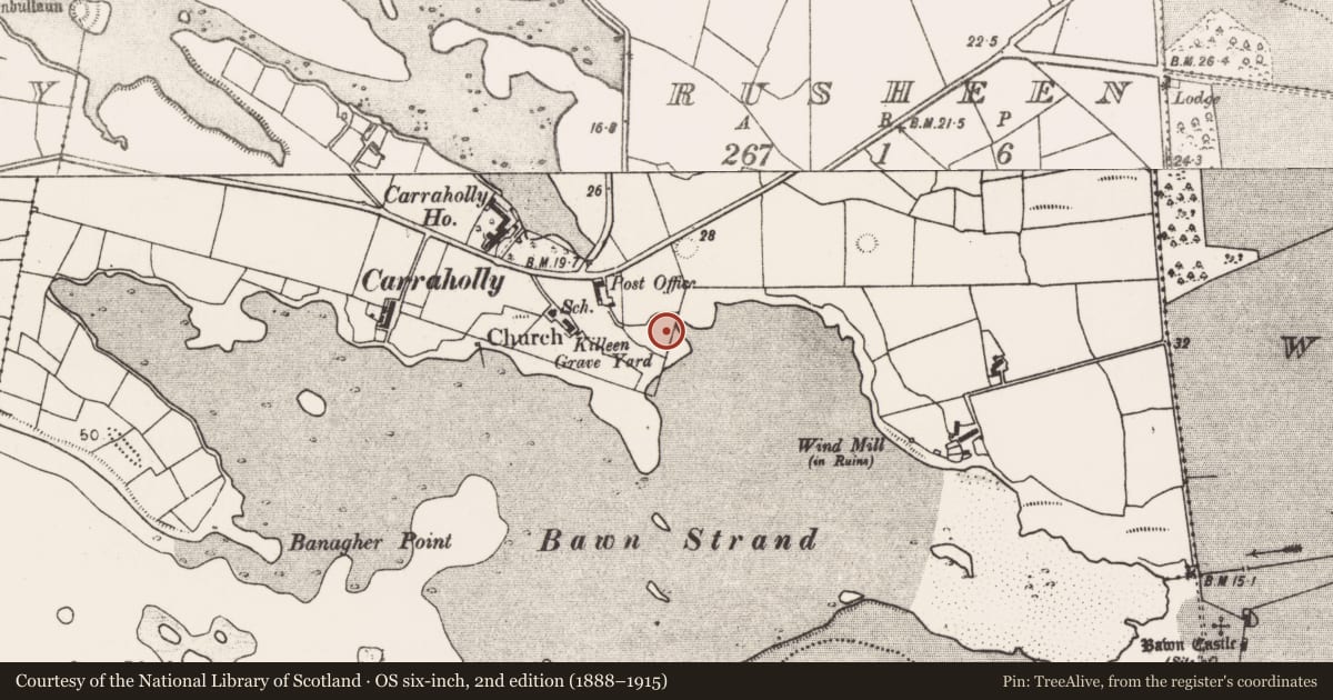 Ordnance Survey six-inch map, 2nd edition (1888–1915) covering the location of Church, Rusheen, County Mayo, with a pin at the register's coordinates