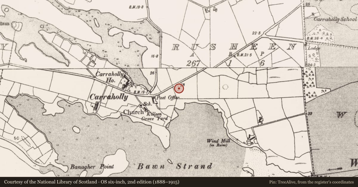 Ordnance Survey six-inch map, 2nd edition (1888–1915) covering the location of Enclosure, Rusheen, County Mayo, with a pin at the register's coordinates