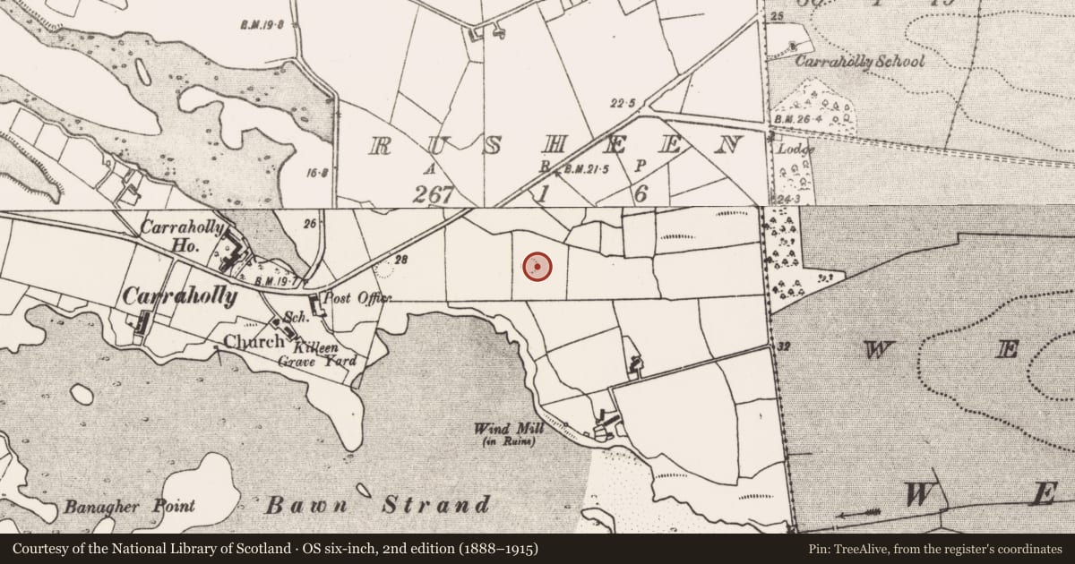 Ordnance Survey six-inch map, 2nd edition (1888–1915) covering the location of Enclosure, Rusheen, County Mayo, with a pin at the register's coordinates