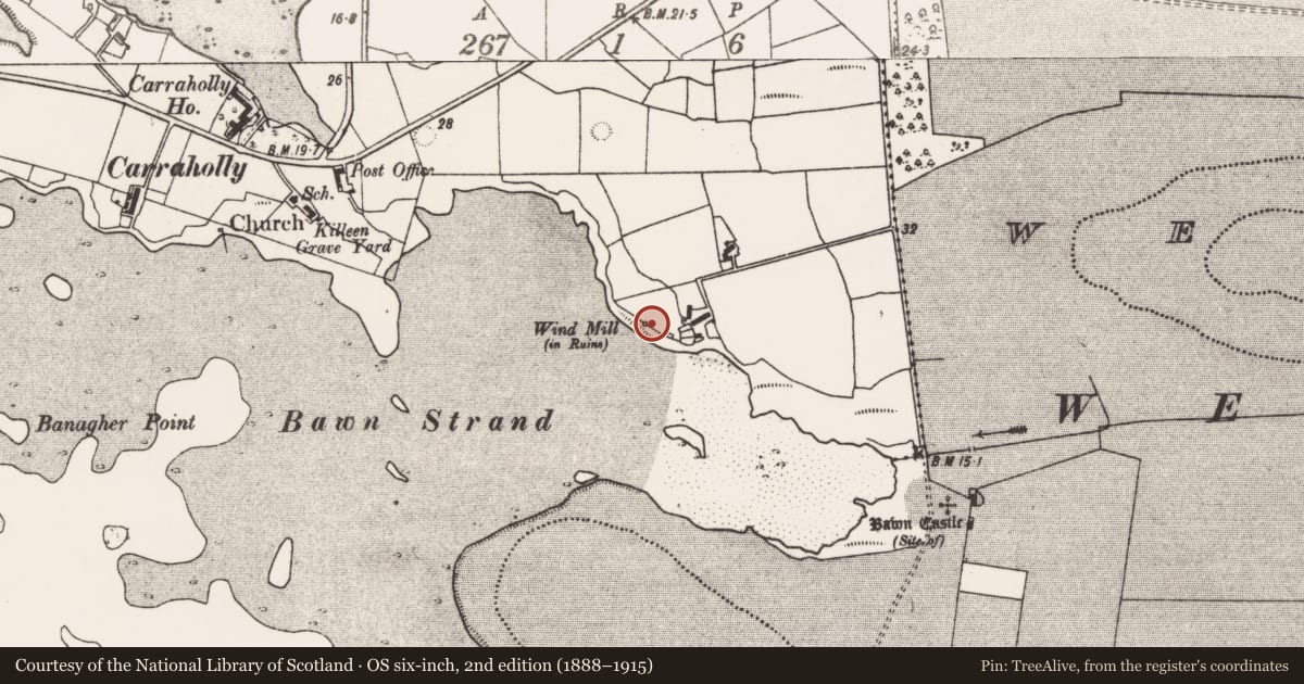 Ordnance Survey six-inch map, 2nd edition (1888–1915) covering the location of Windmill, Rusheen, County Mayo, with a pin at the register's coordinates