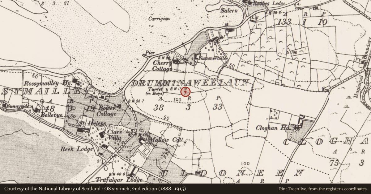 Ordnance Survey six-inch map, 2nd edition (1888–1915) covering the location of Enclosure, Drumminaweelaun, County Mayo, with a pin at the register's coordinates