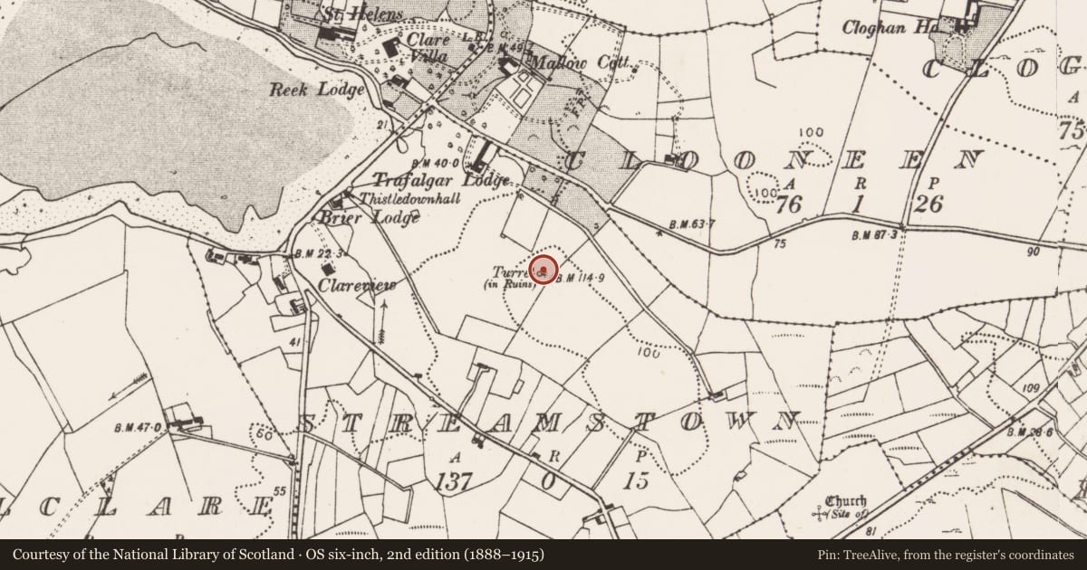 Ordnance Survey six-inch map, 2nd edition (1888–1915) covering the location of Building, Streamstown, County Mayo, with a pin at the register's coordinates