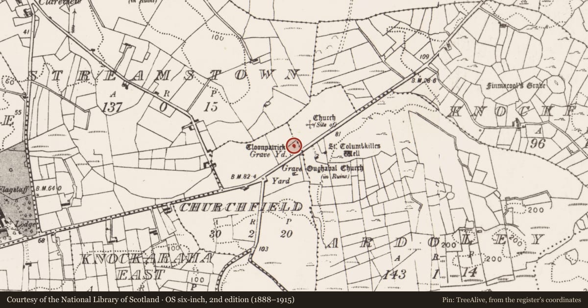 Ordnance Survey six-inch map, 2nd edition (1888–1915) covering the location of Bullaun stone, Churchfield, County Mayo, with a pin at the register's coordinates