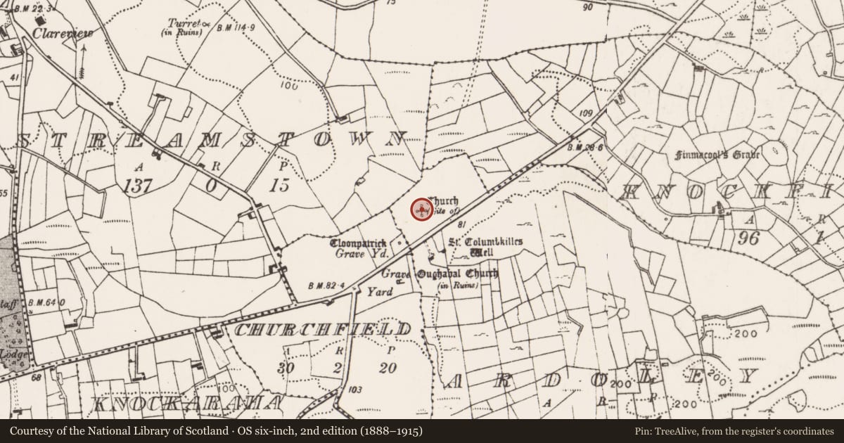 Ordnance Survey six-inch map, 2nd edition (1888–1915) covering the location of Church, Ardoley, County Mayo, with a pin at the register's coordinates