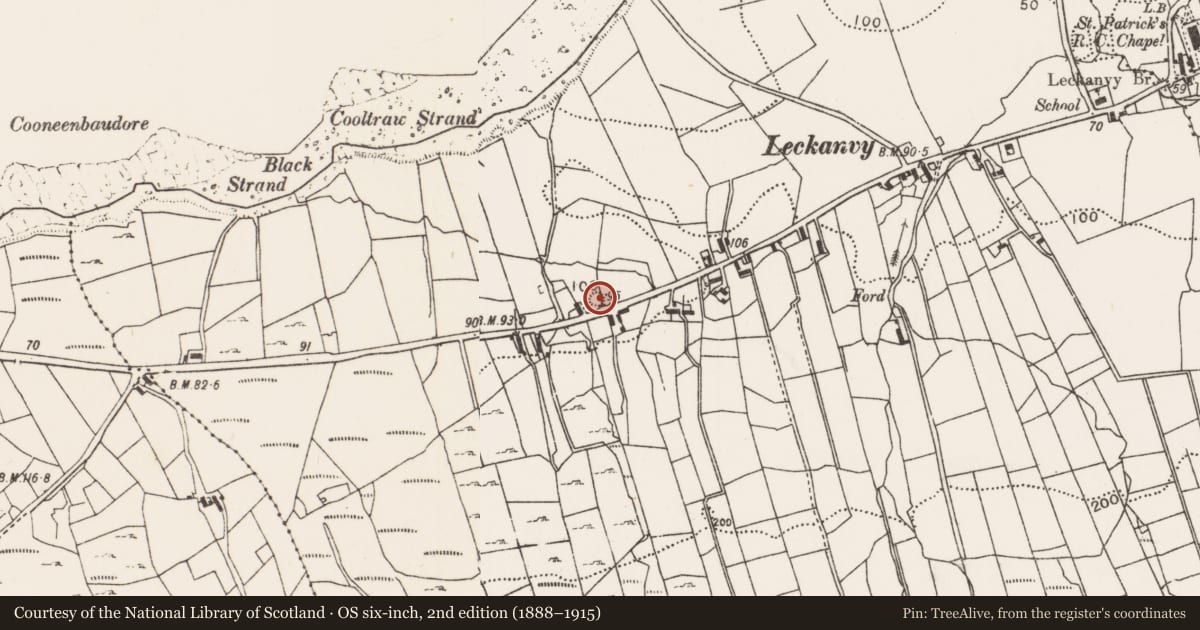 Ordnance Survey six-inch map, 2nd edition (1888–1915) covering the location of Enclosure, Leckanvy, County Mayo, with a pin at the register's coordinates