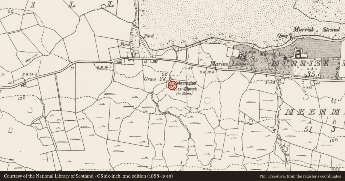 Ordnance Survey six-inch map, 2nd edition (1888–1915) covering the location of Church, Glaspatrick, County Mayo, with a pin at the register's coordinates