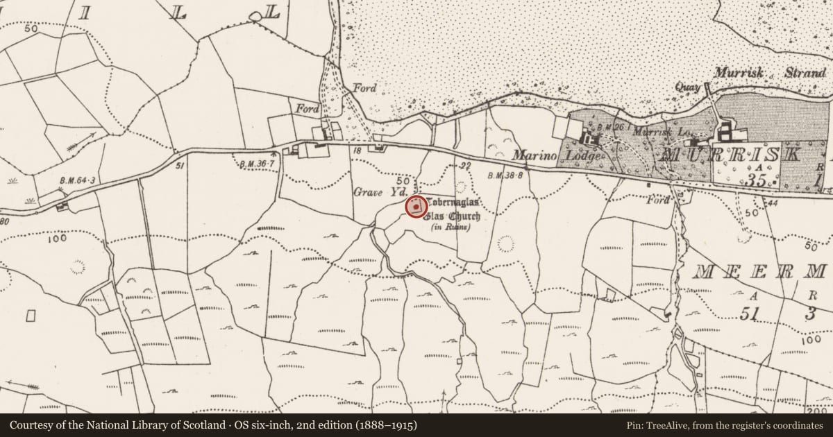 Ordnance Survey six-inch map, 2nd edition (1888–1915) covering the location of Graveyard, Glaspatrick, County Mayo, with a pin at the register's coordinates