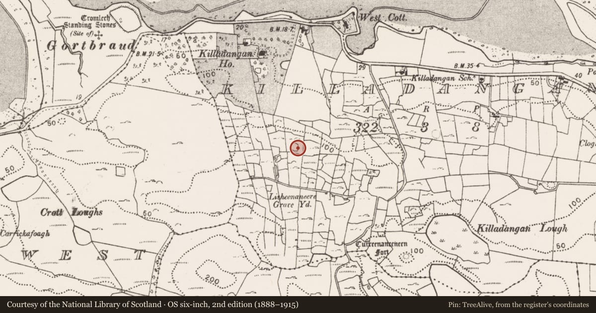 Ordnance Survey six-inch map, 2nd edition (1888–1915) covering the location of Ringfort - cashel, Killadangan, County Mayo, with a pin at the register's coordinates