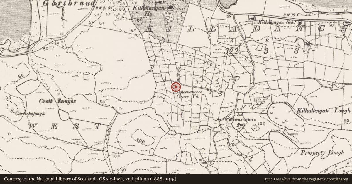 Ordnance Survey six-inch map, 2nd edition (1888–1915) covering the location of Children's burial ground, Killadangan, County Mayo, with a pin at the register's coordinates