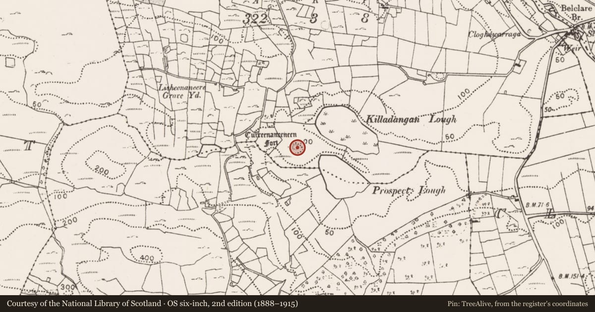 Ordnance Survey six-inch map, 2nd edition (1888–1915) covering the location of Enclosure, Killadangan, County Mayo, with a pin at the register's coordinates