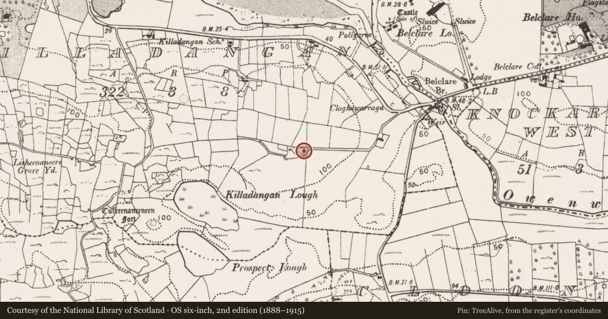 Ordnance Survey six-inch map, 2nd edition (1888–1915) covering the location of Midden, Killadangan, County Mayo, with a pin at the register's coordinates