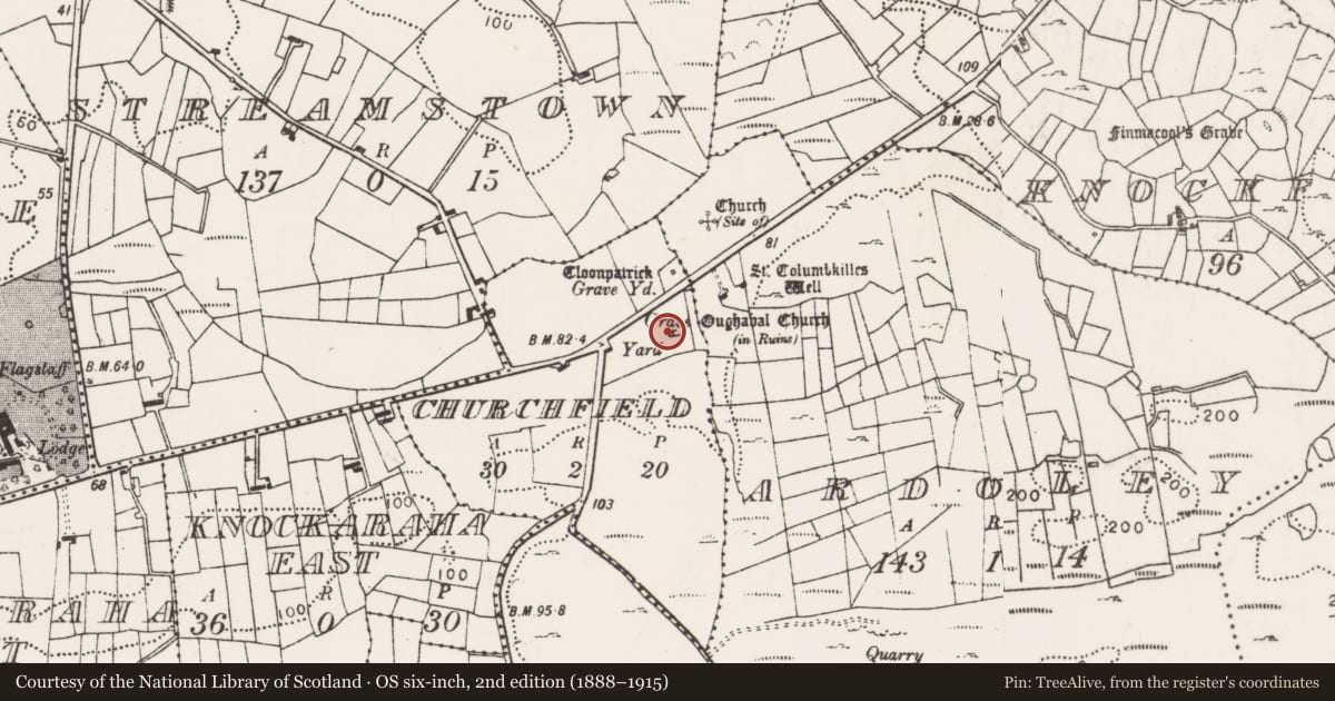 Ordnance Survey six-inch map, 2nd edition (1888–1915) covering the location of Church, Churchfield, County Mayo, with a pin at the register's coordinates