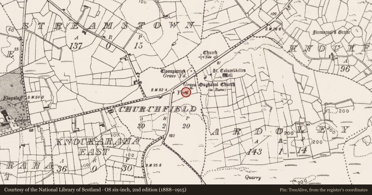 Ordnance Survey six-inch map, 2nd edition (1888–1915) covering the location of Graveyard, Churchfield, County Mayo, with a pin at the register's coordinates