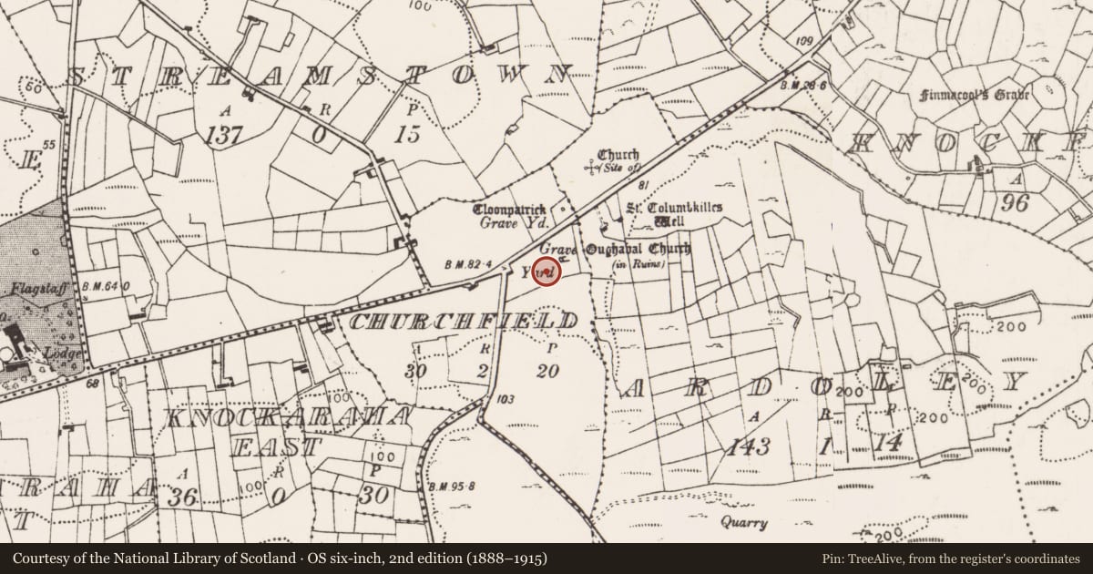Ordnance Survey six-inch map, 2nd edition (1888–1915) covering the location of Cursing stone, Churchfield, County Mayo, with a pin at the register's coordinates