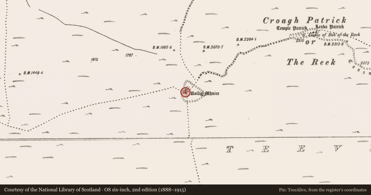 Ordnance Survey six-inch map, 2nd edition (1888–1915) covering the location of Penitential station, Glencally, Carrowmacloughlin, County Mayo, with a pin at the register's coordinates
