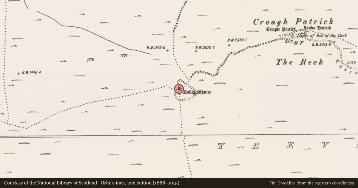 Ordnance Survey six-inch map, 2nd edition (1888–1915) covering the location of Penitential station, Carrowmacloughlin, County Mayo, with a pin at the register's coordinates