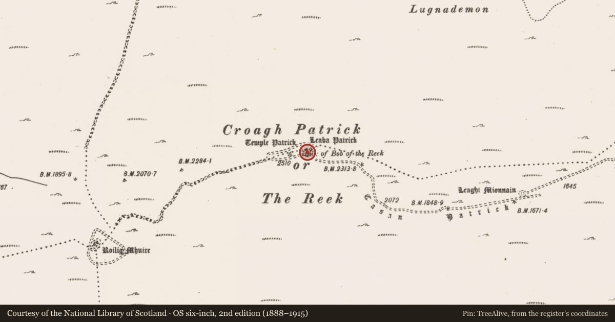 Ordnance Survey six-inch map, 2nd edition (1888–1915) covering the location of Enclosure, Teevenacroaghy, Glaspatrick, County Mayo, with a pin at the register's coordinates