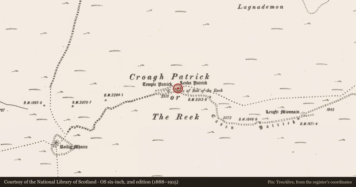 Ordnance Survey six-inch map, 2nd edition (1888–1915) covering the location of Church, Glaspatrick, County Mayo, with a pin at the register's coordinates