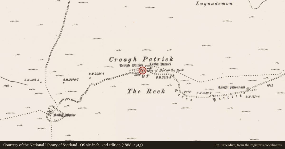 Ordnance Survey six-inch map, 2nd edition (1888–1915) covering the location of Enclosure, Glaspatrick, Teevenacroaghy, County Mayo, with a pin at the register's coordinates