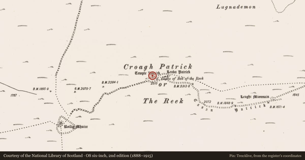 Ordnance Survey six-inch map, 2nd edition (1888–1915) covering the location of Hut site, Glaspatrick, County Mayo, with a pin at the register's coordinates