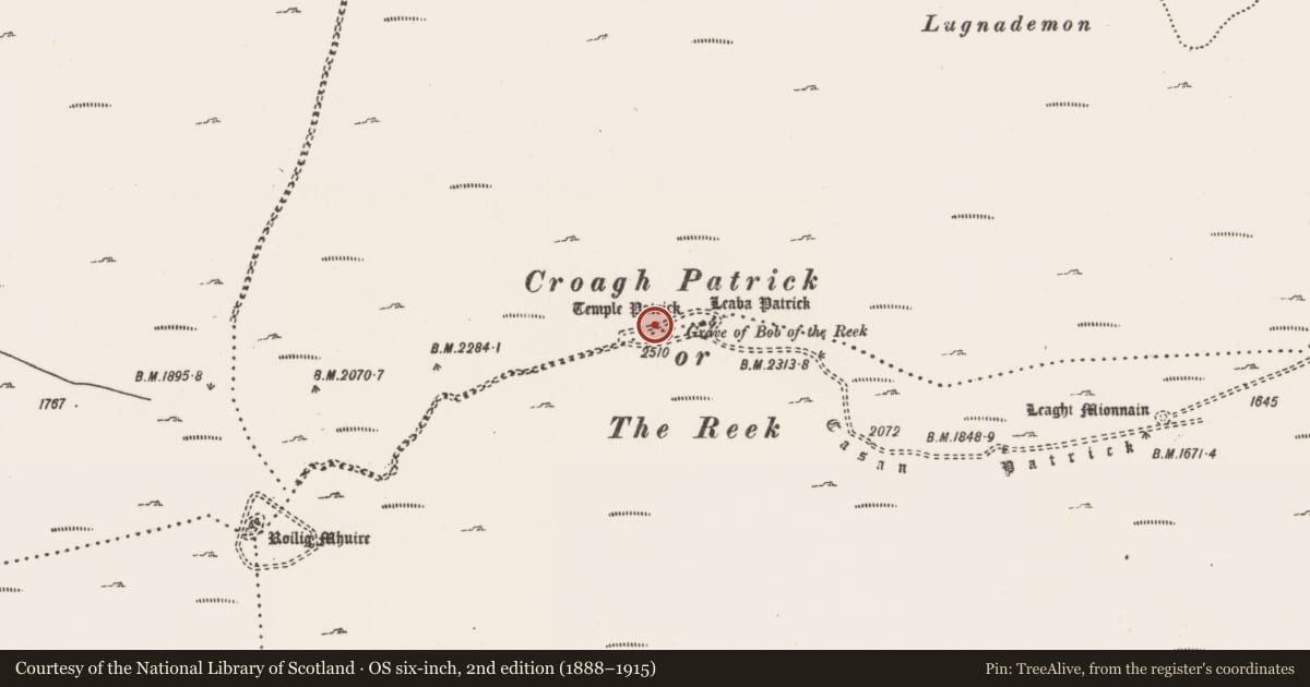 Ordnance Survey six-inch map, 2nd edition (1888–1915) covering the location of Hut site, Glaspatrick, County Mayo, with a pin at the register's coordinates