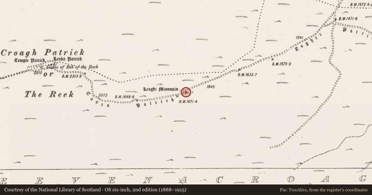 Ordnance Survey six-inch map, 2nd edition (1888–1915) covering the location of Penitential station, Teevenacroaghy, County Mayo, with a pin at the register's coordinates