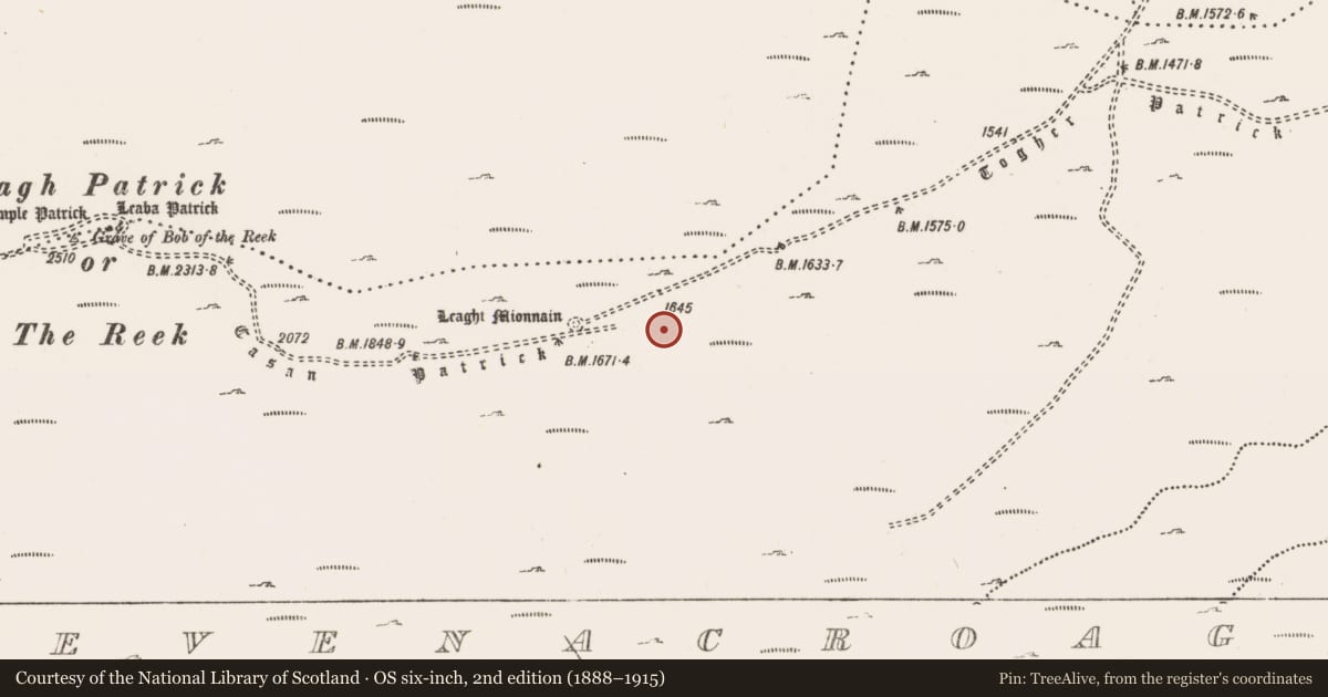 Ordnance Survey six-inch map, 2nd edition (1888–1915) covering the location of Cairn - unclassified, Teevenacroaghy, County Mayo, with a pin at the register's coordinates
