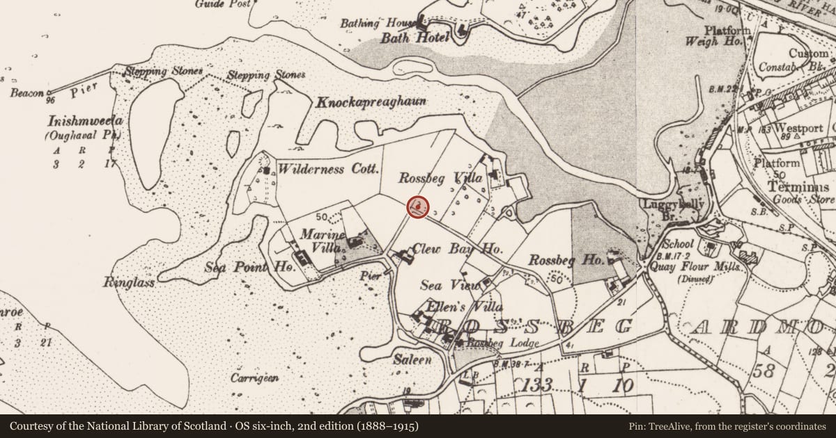 Ordnance Survey six-inch map, 2nd edition (1888–1915) covering the location of Mound, Rossbeg, County Mayo, with a pin at the register's coordinates