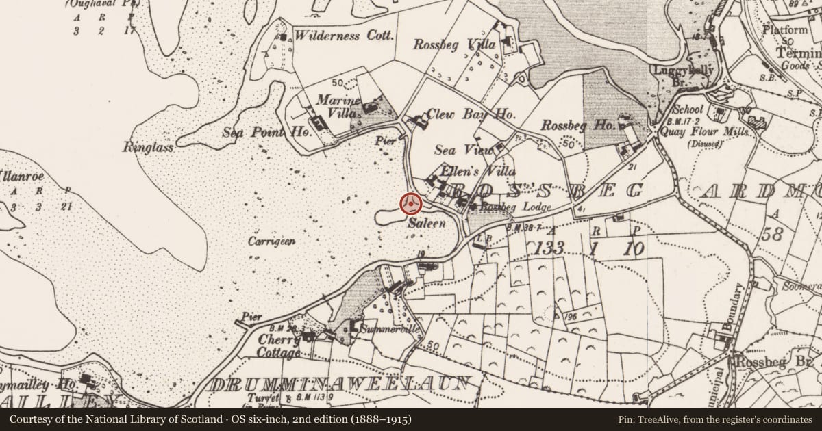 Ordnance Survey six-inch map, 2nd edition (1888–1915) covering the location of Midden, Rossbeg, County Mayo, with a pin at the register's coordinates